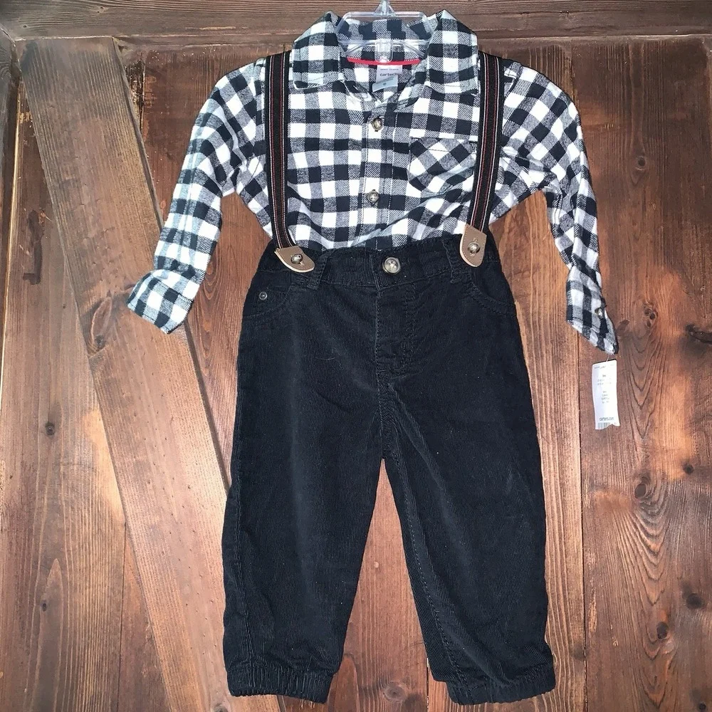 Carter's Baby Boy's 3pc Checker Bodysuit Suspenders &‎ Corduroy Pants 9mo NWT